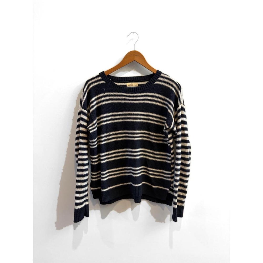 Hollister Navy and White Striped Crewneck Sweater
